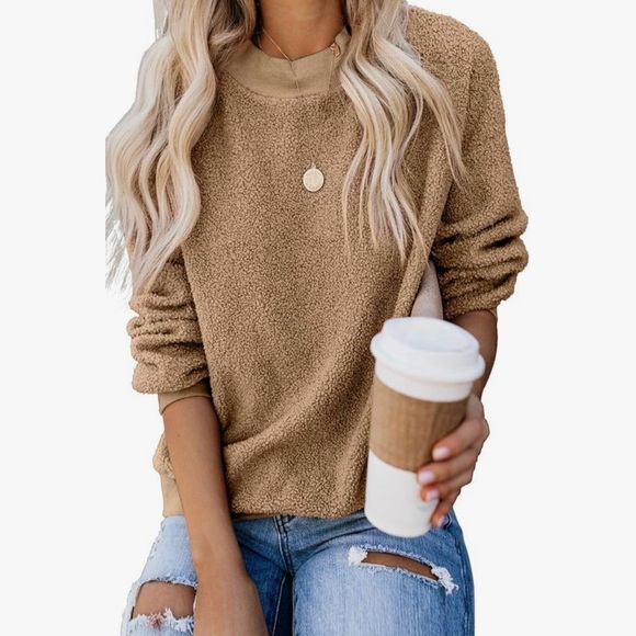 Tops - Kingfen Cozy Teddy Fleece Pullover Sweatshirt - Camel